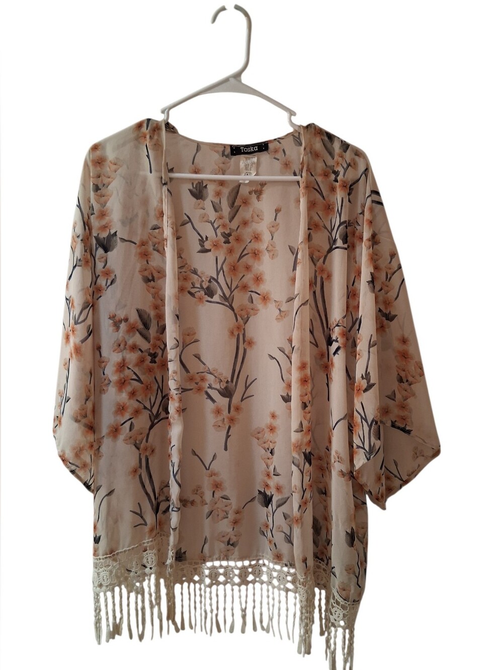 Toska Peach Floral Coverup Kimono Shawl With Fringe